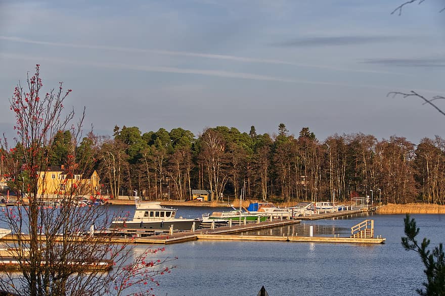 порт, озеро, Финляндия, природа, лес, заход солнца, лодки, Раума, воды, морское судно, дерево