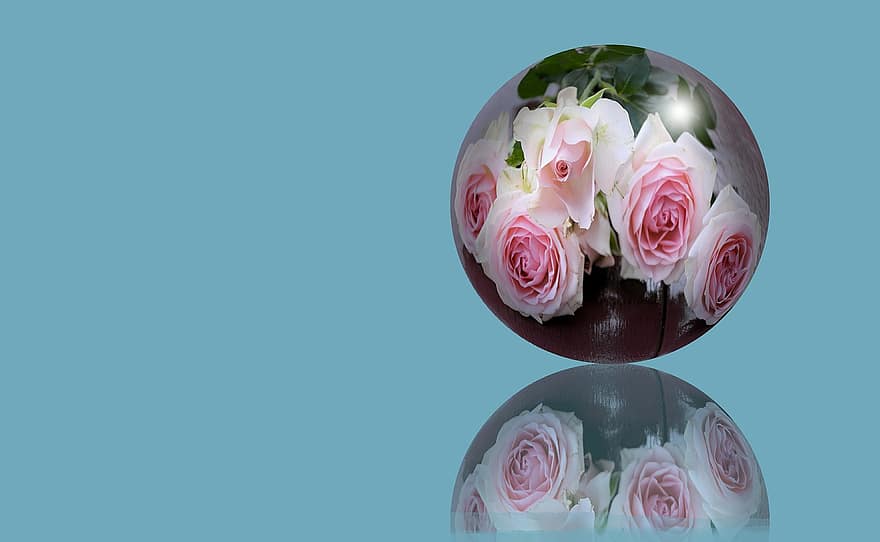 sfera, kamuolys, gaublys, gėlės, atspindžiai, blizgantis, rožinis