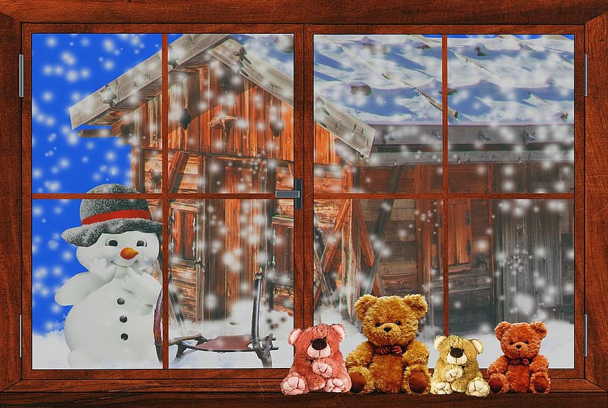 fundo, inverno, temporada, emoções, neve, janela, perspectiva, boneco de neve, Floco, deslizar, Urso