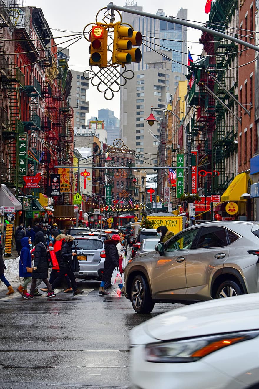 Chinatown, New York, oraș, stradă, drum, vehicule, autoturisme, oameni, stradă aglomerată, trafic, clădiri
