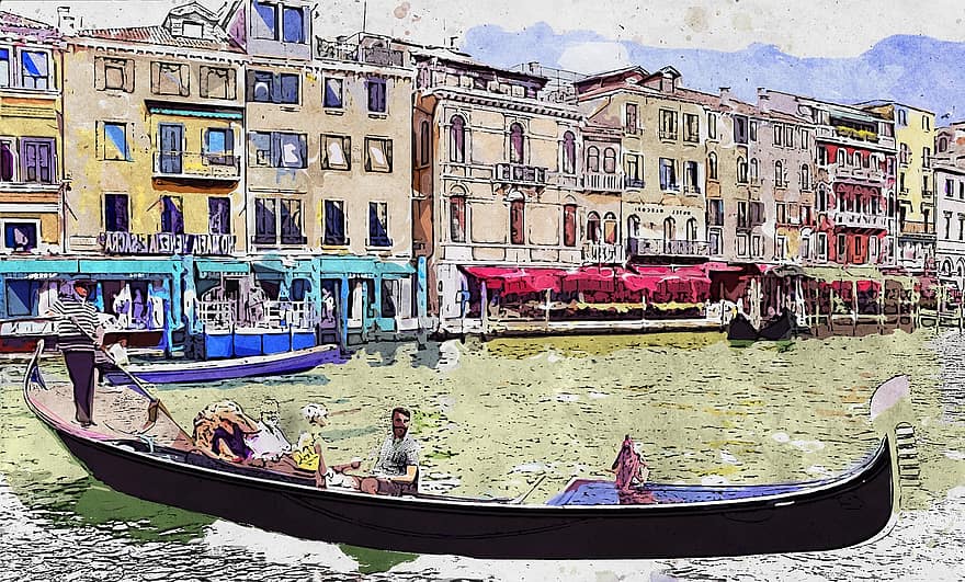 veneția, canal, gondolă, Italia, arhitectură, vechi, clădiri, lume, destinaţie, turist, atracţie