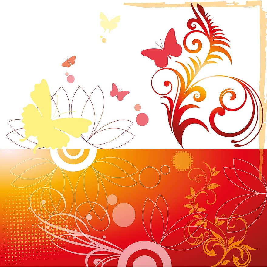 pavasaris, drugelis, gėlė, augalų, stilizuotas, žiedas, žydi, flora, raudona, oranžinė, geltona