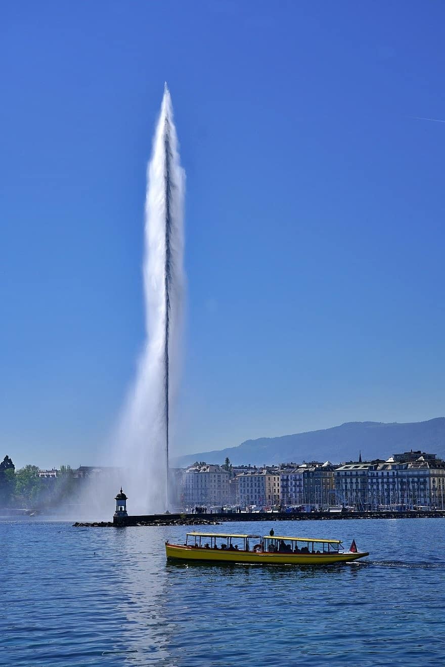 jet d'eau, bateau, lac de Genève, Lac, lac de genève, phare, eau, bleu, navire nautique, endroit célèbre, été