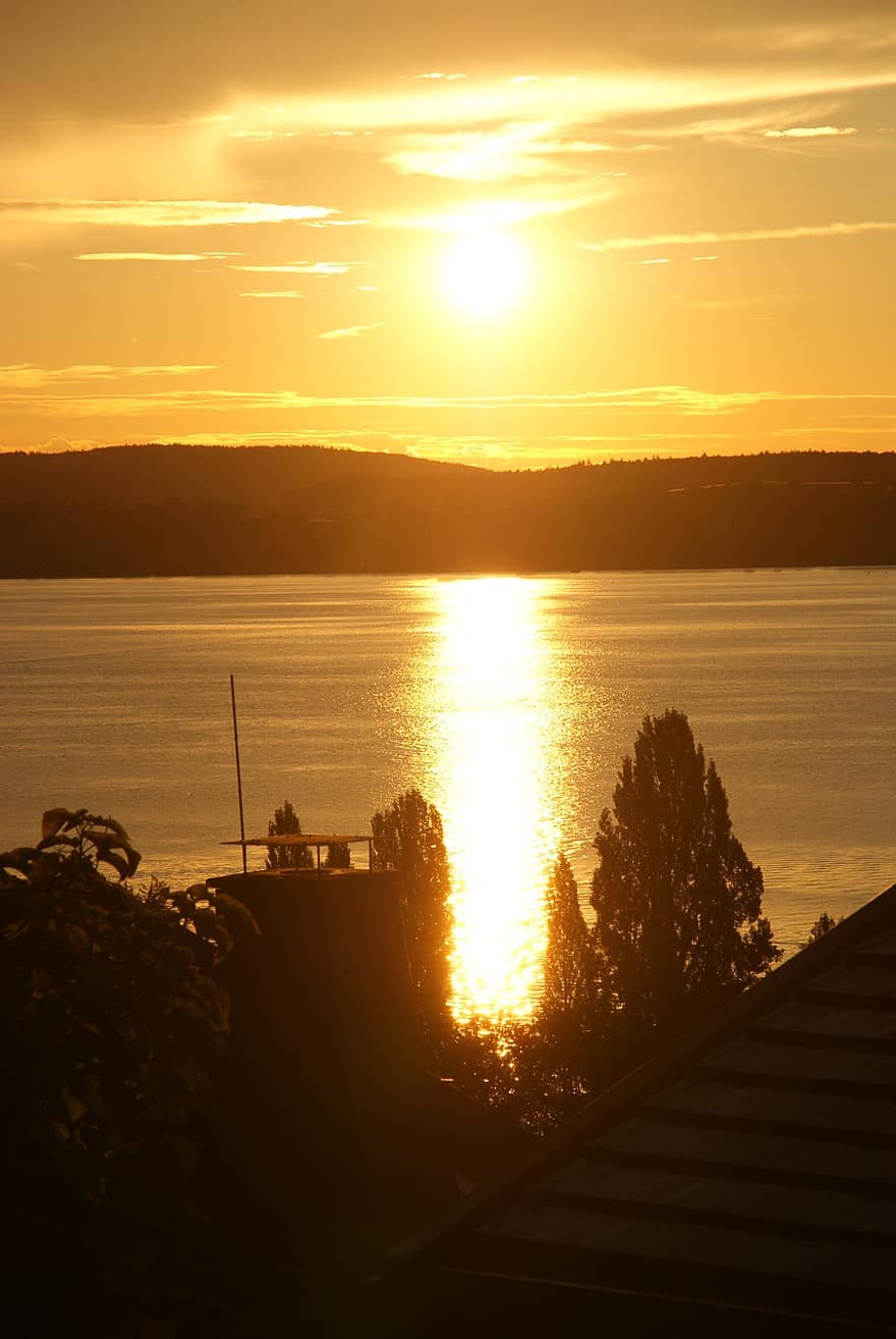 Hồ Constance, hồ nước, Hoàng hôn, mặt trời, ánh sáng mặt trời, sự phản chiếu, Nước, hình bóng, núi, Thiên nhiên, hoàng hôn