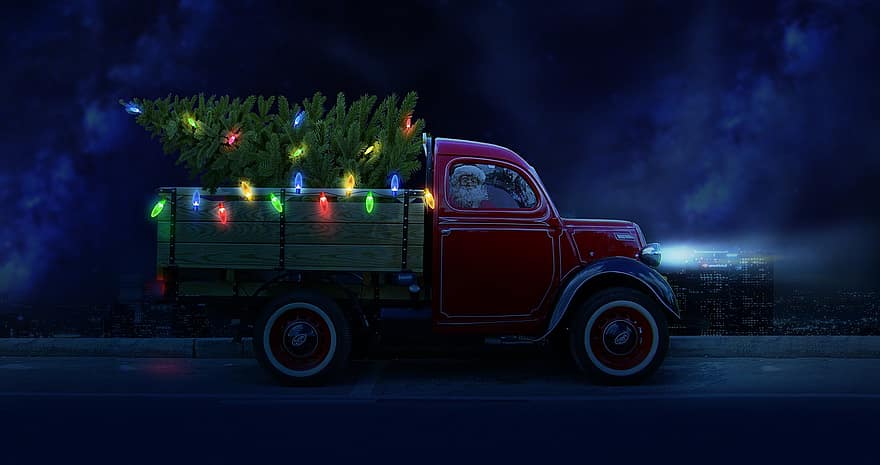 Nadal, arbre, camió, santa, Pare Noél, vehicle, decoració, vacances, nadal, desembre, nit