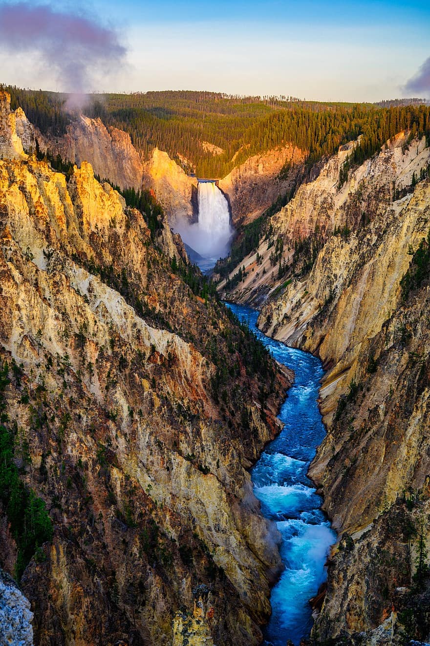 Yellowstone, canyon, cascada, riu, penya-segats, sortida del sol, paisatge, aigua, bosc, penya-segat, muntanya