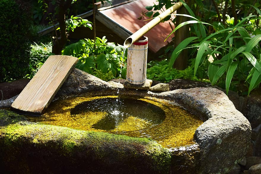 бамбуковый фонтан, воды, бассейн, бамбук, фонтан, Япония, сад дзен, японский сад, каменный бассейн