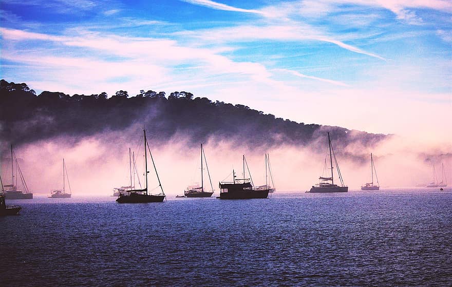 nebbia, Eporquerolles, mare, oceano, andare in barca, nave nautica, barca a vela, acqua, yacht, estate, tramonto