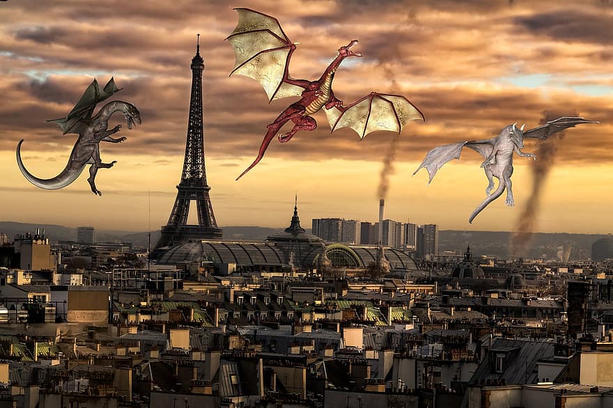 Paryż, Wieża Eiffla, smoki, fantazyjny, pejzaż miejski, latający, architektura, noc, zachód słońca, dach, zmierzch