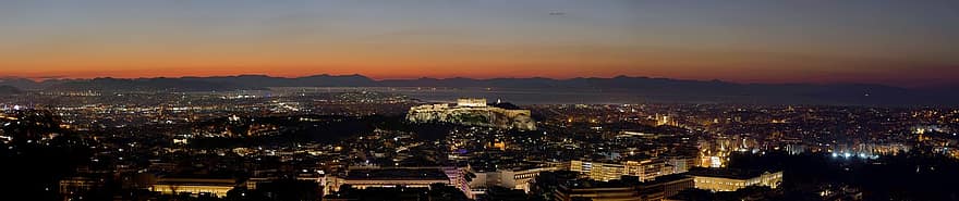 Athen, Akropolis, Griechenland, Stadtbild, Nacht-, Dämmerung, Sonnenuntergang, städtische Skyline, die Architektur, berühmter Platz, High Angle View