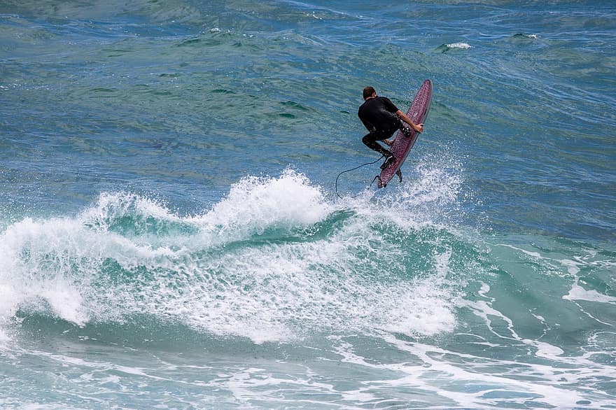 surfing, hoppe, mand, ridning, sport, bølge, ocean, spray