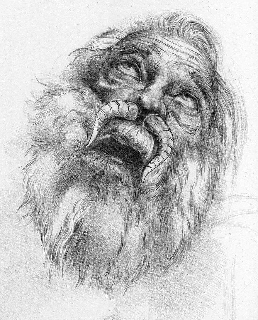 senas vyras, Kirminai Nosyje, piešimas, barzda, fantazija, eskizas
