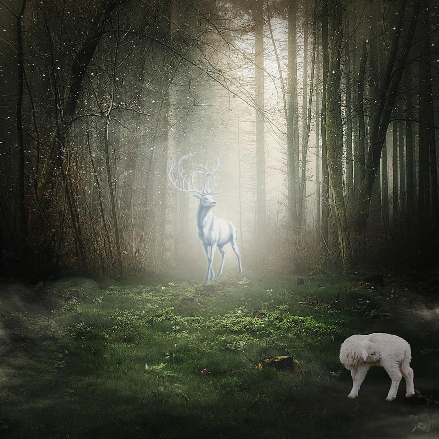 foresta, cervo, agnello, fantasia, surreale, alberi, animali, foto d'arte, arte digitale, opera d'arte digitale