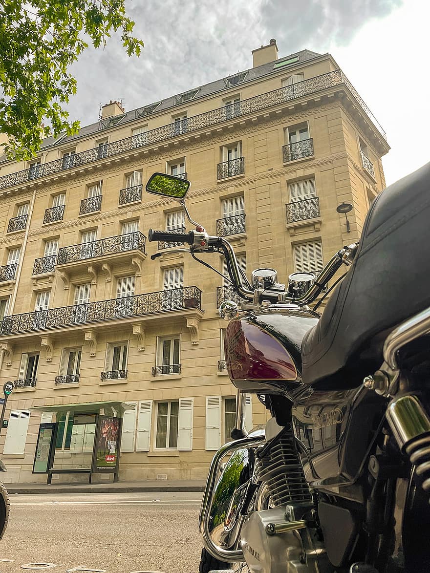 motocykl, Paříž, cestovat, motor, přeprava, chrom, dopravy, staromódní, exteriér budovy, architektura, pozemního vozidla