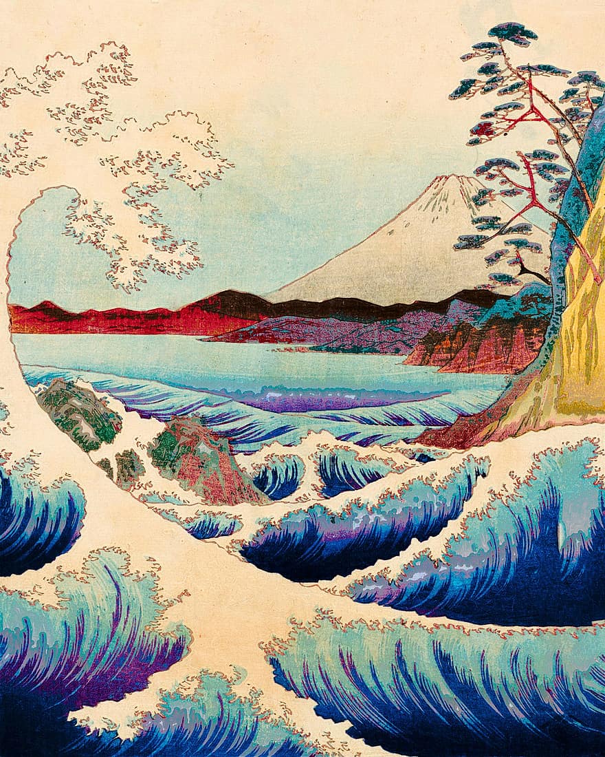 vague, Japonais, Mont Fuji, impression sur bois, océan, chinois, mer, ciel, rétro, ancien, eau