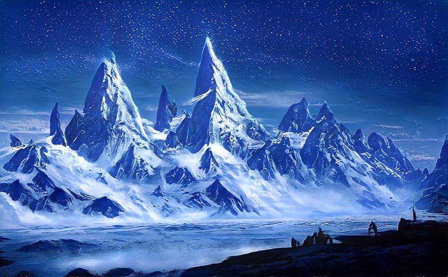 山、中世の、ファンタジー、雪、夜、風景、冬、シーズン、山頂、氷、青