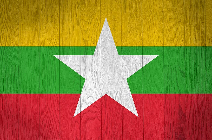 mianmaras, Šalis, vėliava, reklama, grunge, mediena, medinis, burma