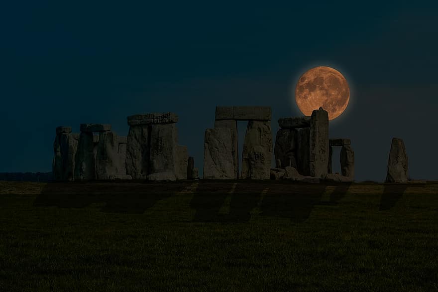 Stonehenge, hold, éjszaka, Anglia, emlékmű, történelmi, telihold, holdfény, este, fű, régi