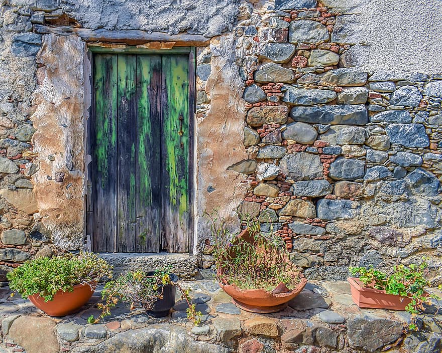 врата, къща, зидария, каменни работи, дървена врата, каменни стени, стар, изоставен, архитектура, саксийни растения