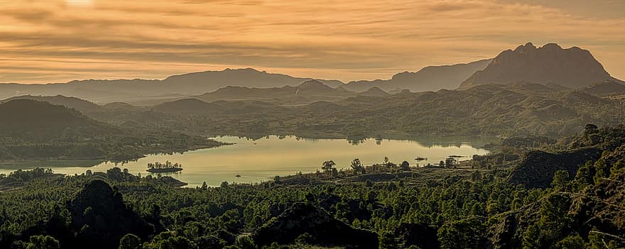 Mountains, Lake, Sunset, Forest, Panorama, Nature, Landscape, Outdoor, Spain, Calasparra, Murcia