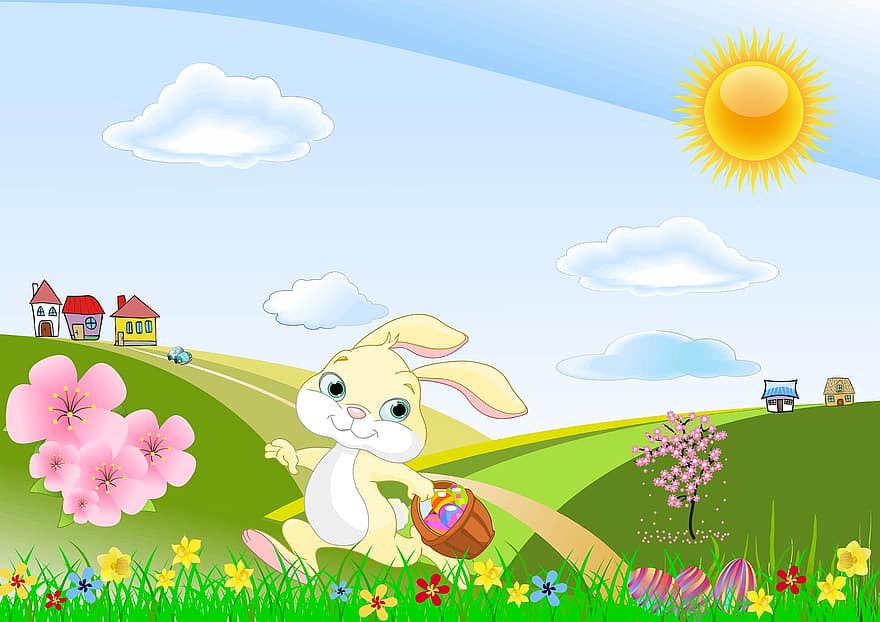 Pasqua, primavera, paisatge, conill de Pasqua, prat, flors, assolellat, muntanyes, cel, núvols, cases