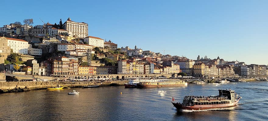 moře, přístav, západ slunce, Portugalsko, krajina