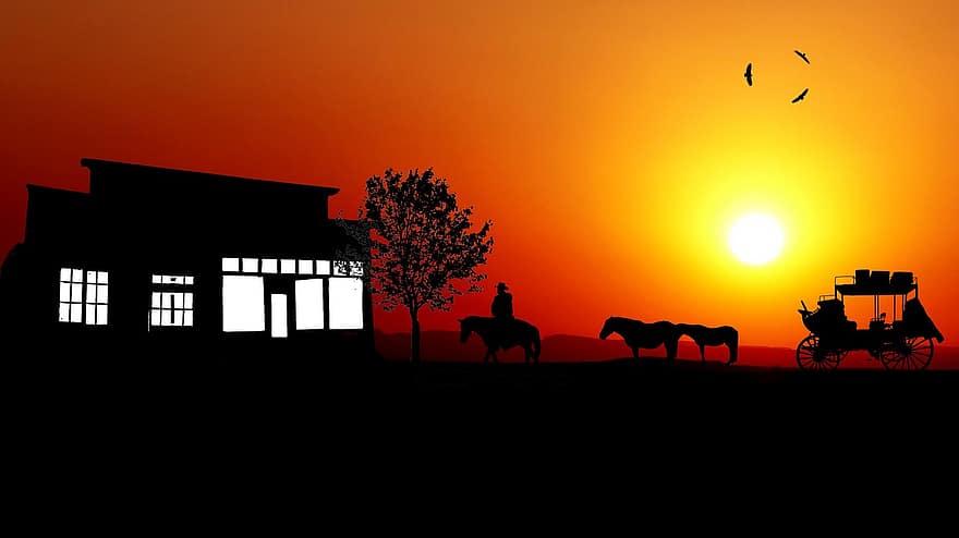Sunset, America West, Diligence, Bar, Horses, Western, Country, Sky