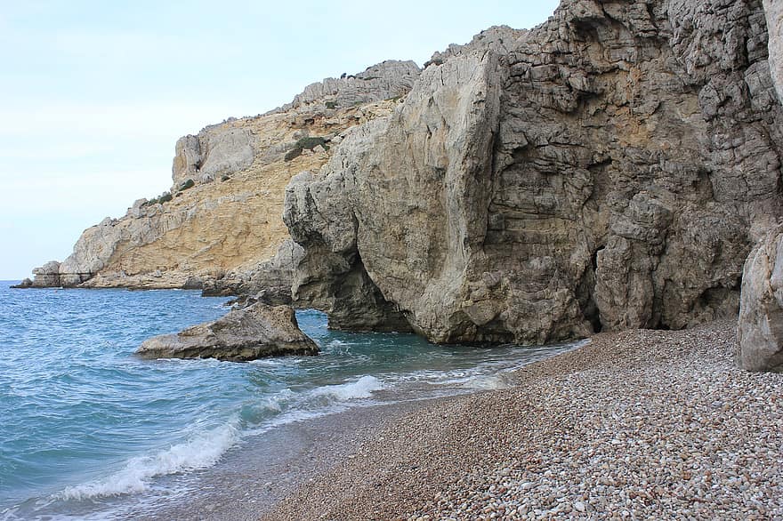 море, природа, плаж, рок, Гърция, океан, брегова линия, стръмна скала, лято, вода, син