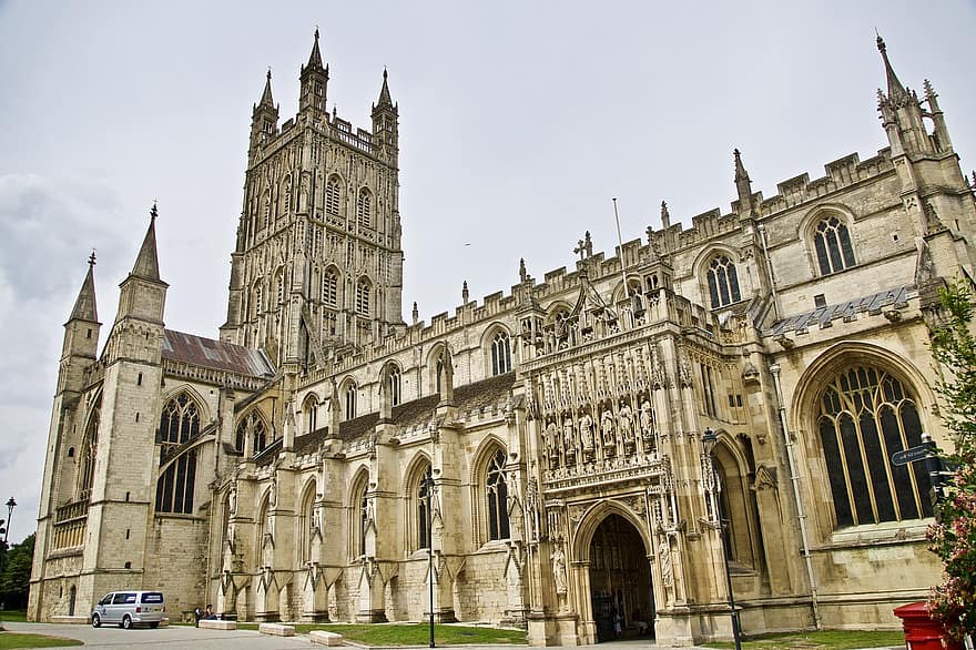 catedral de Gloucester, catedral, façana, torre, fletxa, ornamentat, històric, gòtic, norman, romànic, arquitectura