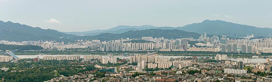 Seül, ciutat, panorama, riu, gratacels, edificis, megalòpolis, urbà, boirina, boira, muntanyes