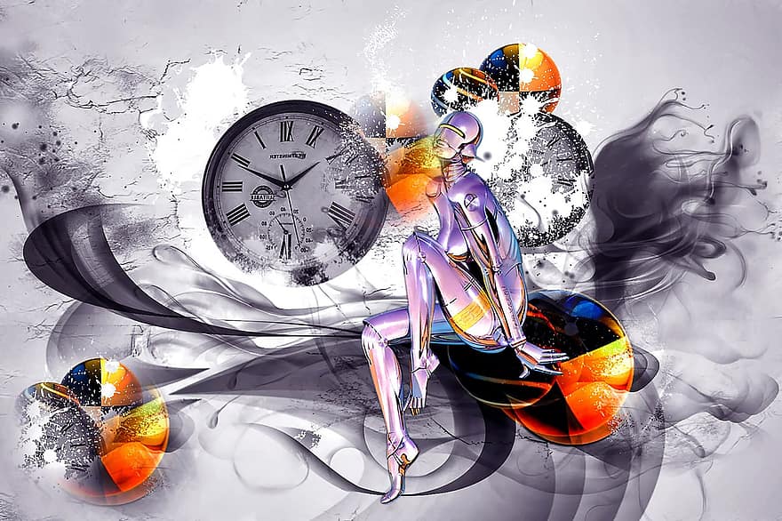 imaginaire, l'horloge, robot, couleurs