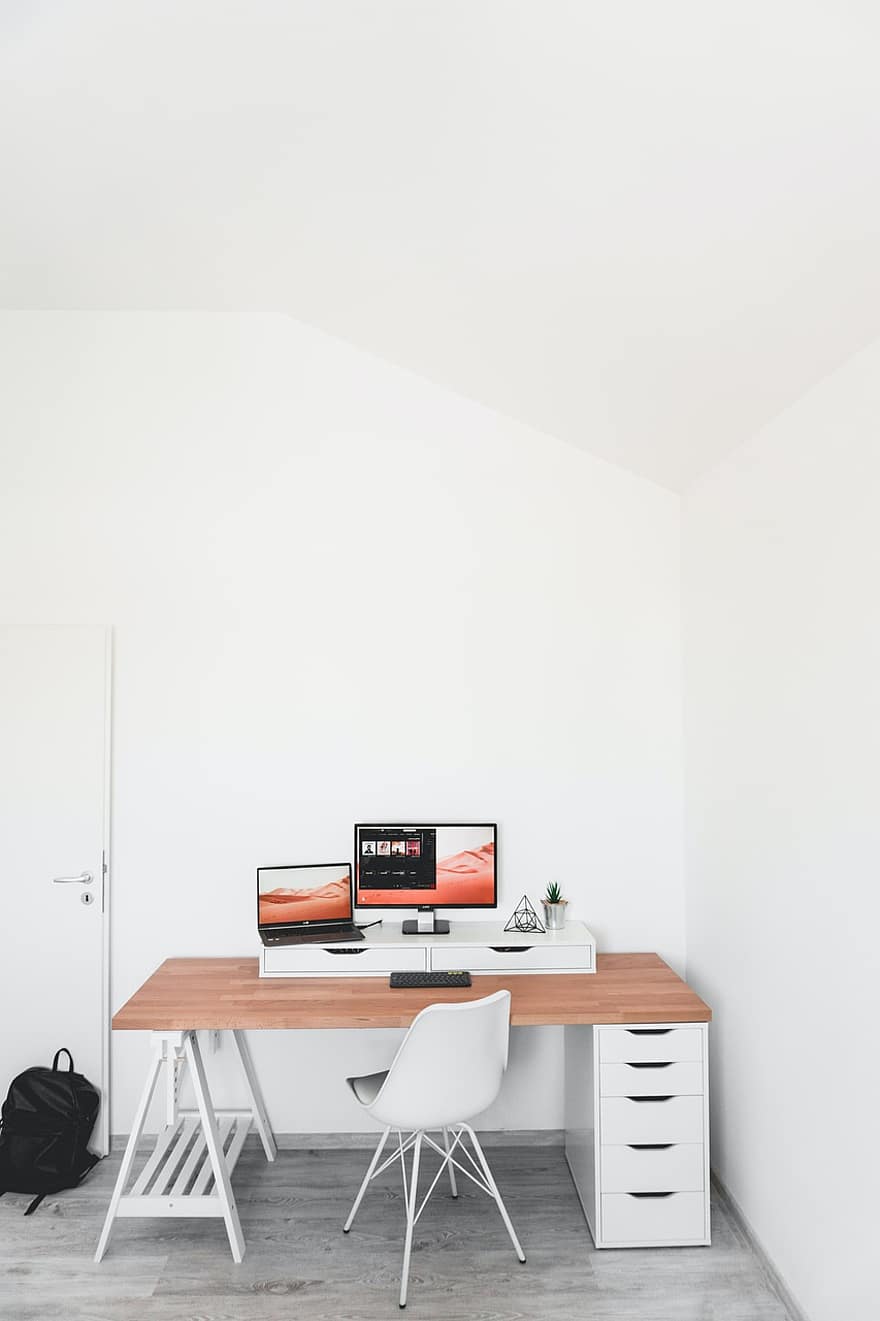 skrivbord, kontor, dator, rum, stol