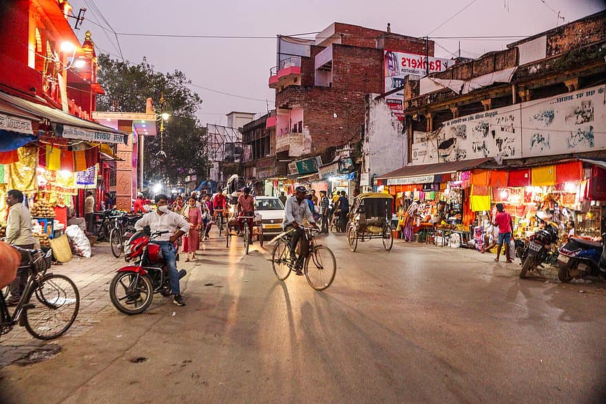 Varanasi, gade, indien, by, by-, landdistrikterne