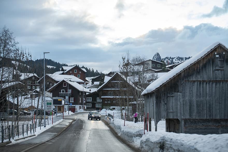 Szwajcaria, zimowy, miasto, wioska, ulica