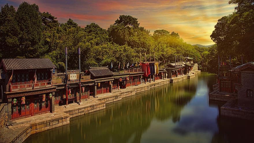 Beijing, río, pueblo, Palacio de Verano, lago, Arroyo, paisaje, puesta de sol