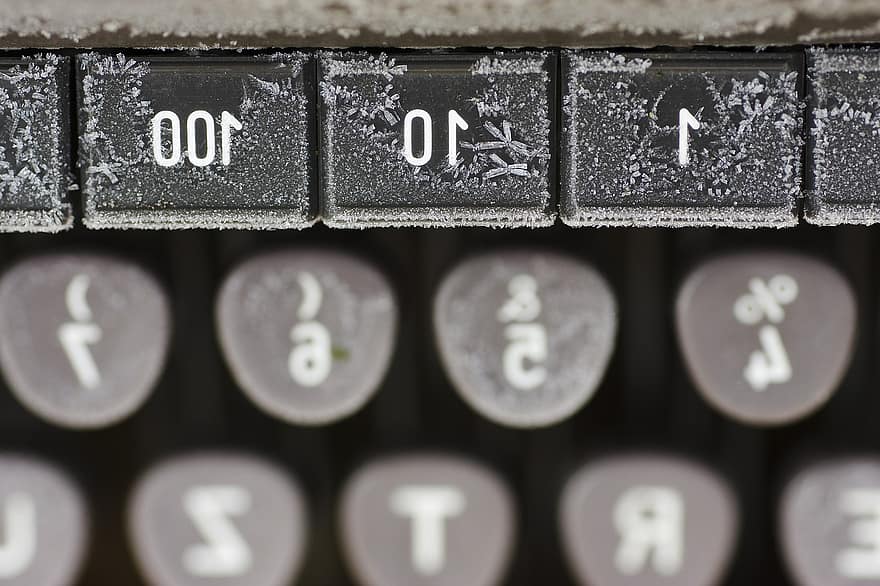 skrivemaskine, tastatur, rimfrost, matteret, knapper, vinter, kold, gammel, mekanisk, breve, alfabet