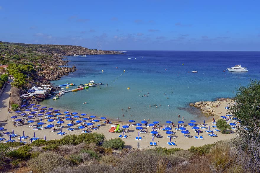 cypern, konnos bay, Bugt, strand, landskab, middelhavet, natur, ø, kystlinje, sommer, blå