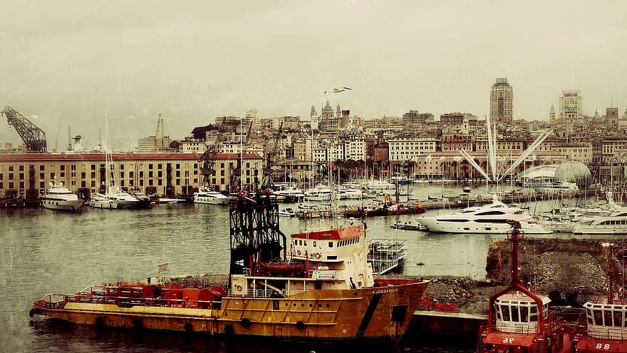 Italien, genua, hamn, fartyg, hav, stad, nautiska fartyget, vatten, stadsbild, transport, kommersiella brygga