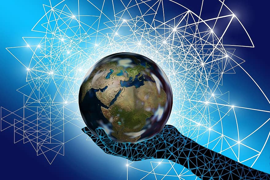 blockchain, digitalisering, klot, jord, värld, hand, ha kvar, universum, framtida, skydd, miljö