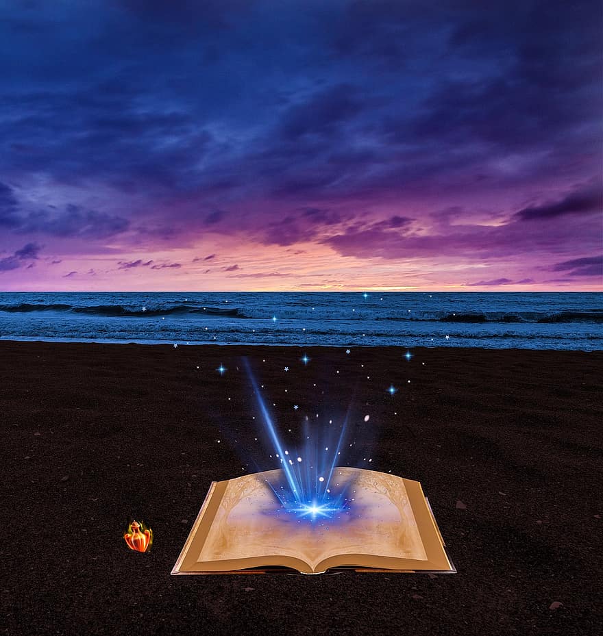 grāmata, maģija, lasīt, pludmale, jūra, mistisks, tumšs, naktī, smiltis, debesis, raksturs