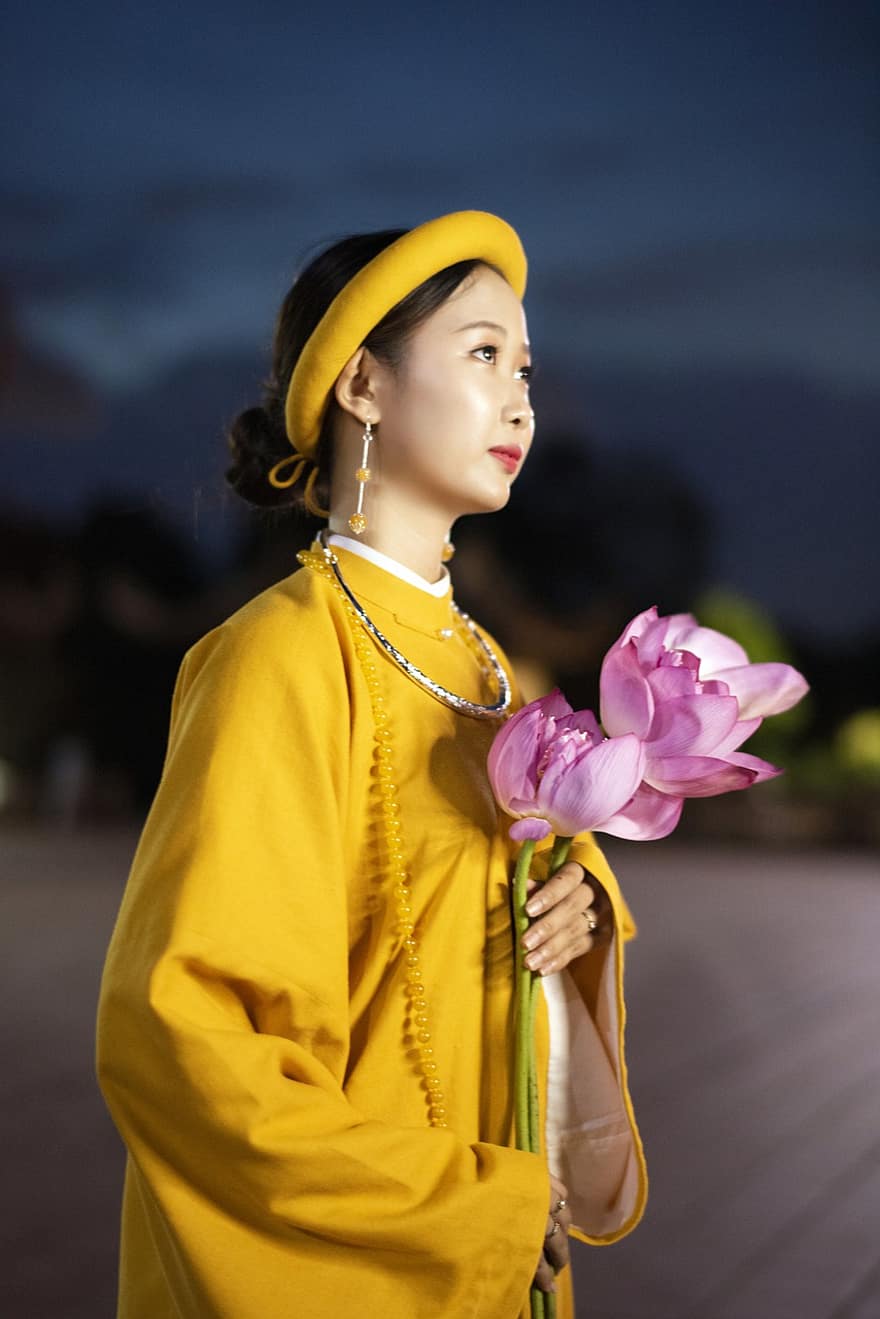 Woman, Model, Vietnamese, Costume, Flower, Long Dress, Female, Ancient Cost...