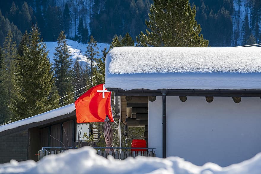 Sveitsi, talvi-, talot, Brunni Schwyzin kantoni, puu, lumi, taivas, luonto, vuori, jää, kausi