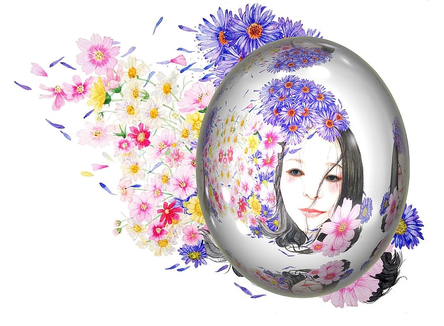 ovo, Páscoa, ovos de pascoa, mulher, face, flores, enfeite, costumes, tema de páscoa