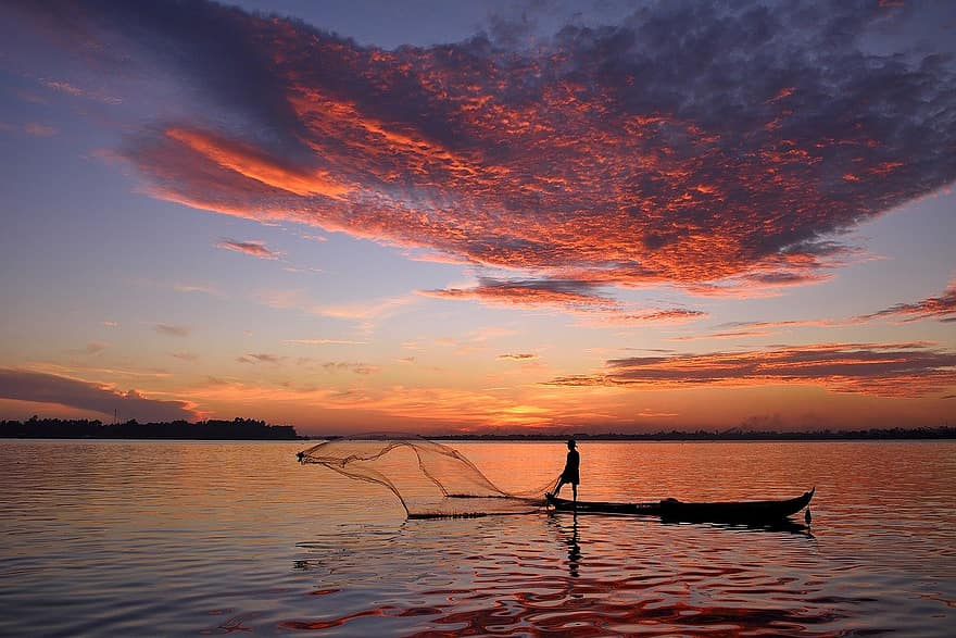 River, Boat, Fisherman, Net Pestle, Dawn, Beauty Scene, sunset, men, dusk, water, nautical vessel