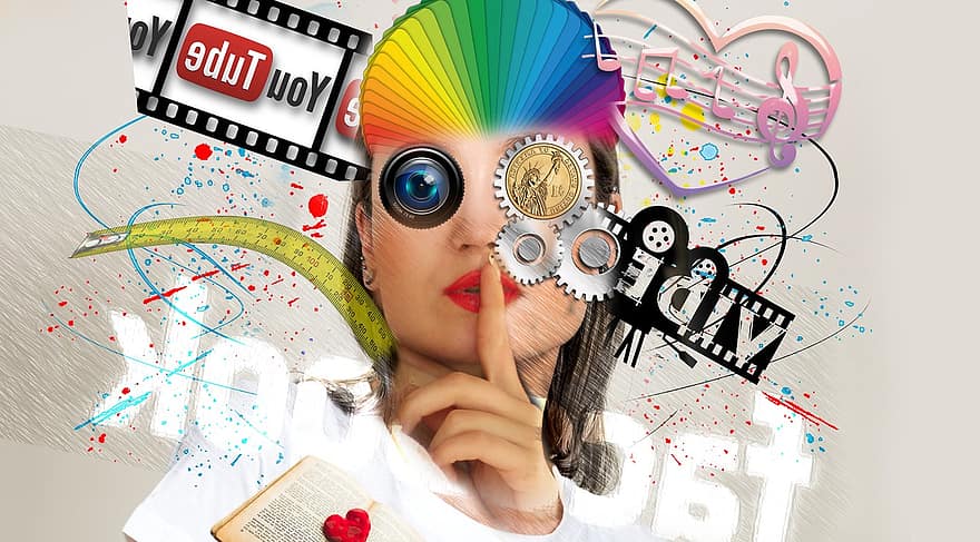 sociální média, interakce, žena, abstraktní, hlava, médií, Youtube, objektiv, multimédia, reklamní, zábava