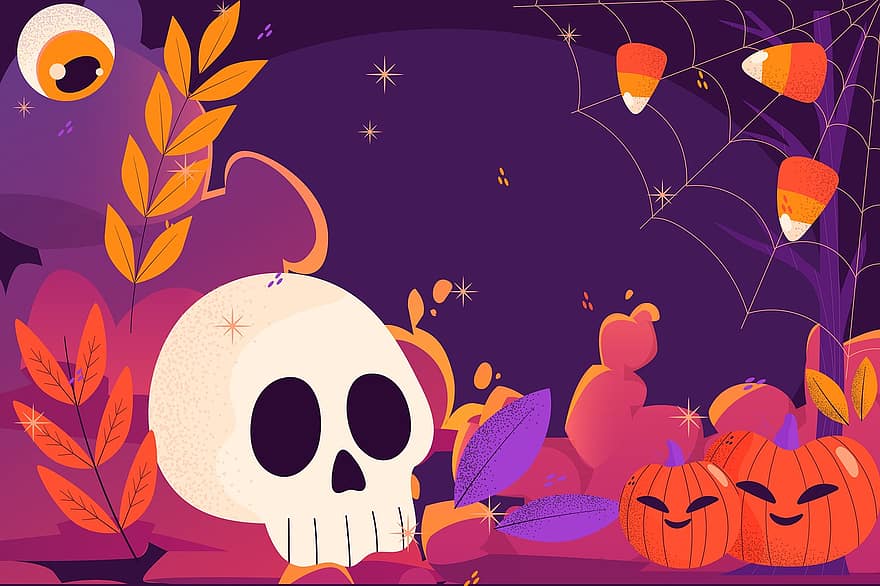 Halloween, Schädel, Kürbisse, Halloween-Dekorationen, Spinnennetz, Halloween-Feier, Halloween Hintergrund, Hintergrund, Tapete, Design