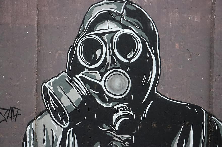 graffiti, artă, spray, masca, protecţie, război, contaminate, mască de gaze, arta stradală, mural, creator