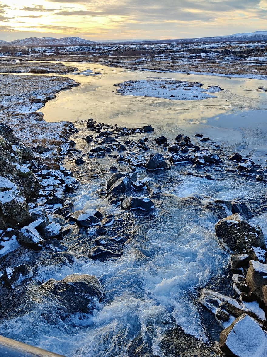강, 흐름, 물, 감기, 얼음, 눈, 바위, 불안정한