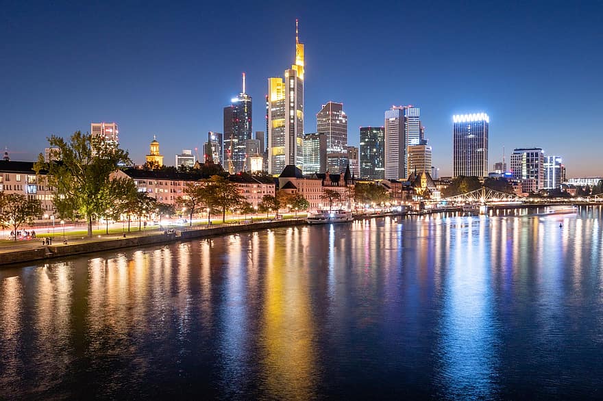 panorama, frankfurtas, pagrindinis, Vokietija, miestas, miesto vaizdą, architektūra, modernus, įmonių, bokštas, dangoraižis