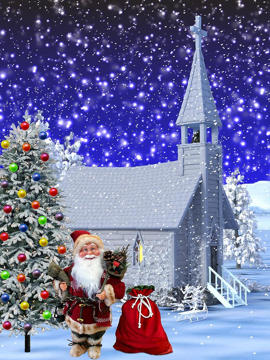 jul, julemanden, gaver, helligdage, december, santa, kirke, sne, fest, vinter, dekoration